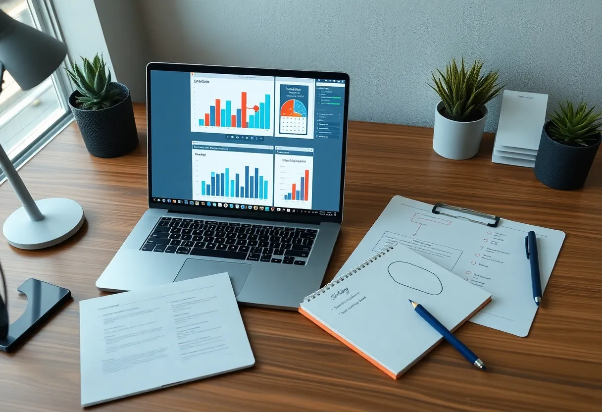 A desk showing digital marketing strategy frameworks and tools