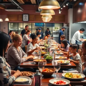 Diverse dining scene with families enjoying meals at restaurants