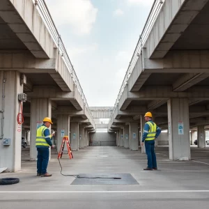 Team inspecting a precast concrete parking structure for maintenance.