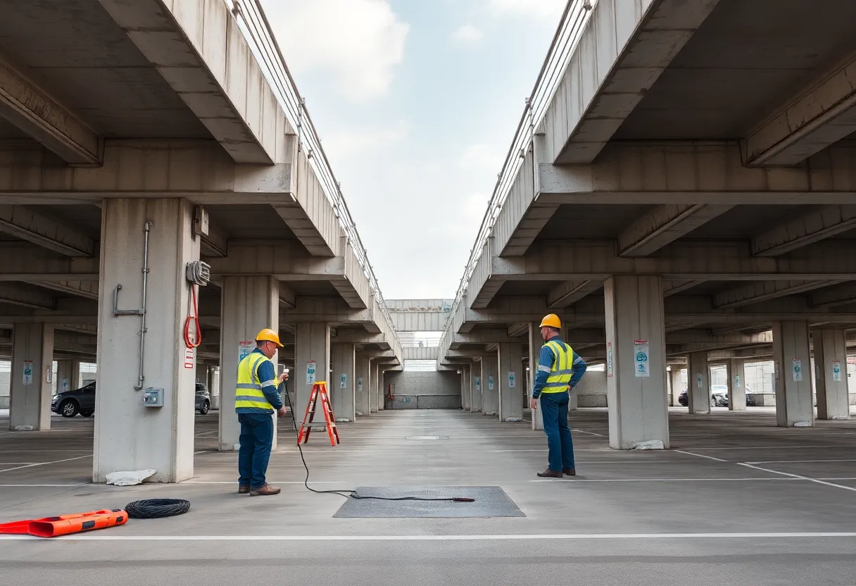 Team inspecting a precast concrete parking structure for maintenance.