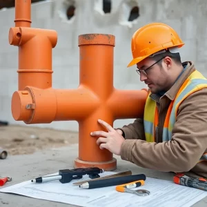 Construction worker inspecting double-tee structure joints