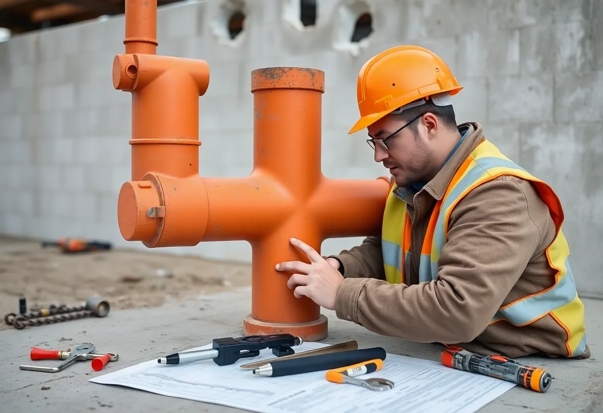 Construction worker inspecting double-tee structure joints