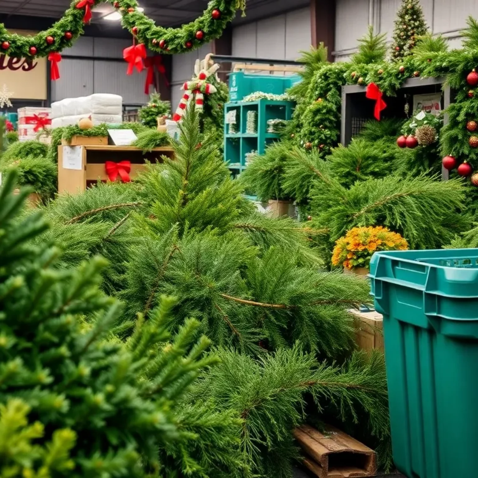 Christmas trees being recycled at a convenience center