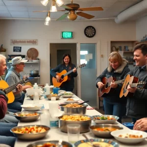 A violinist performing in a busy soup kitchen, creating a joyful atmosphere