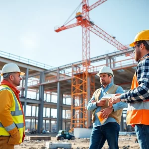 Engineers collaborating on a modern construction site using advanced engineering solutions.