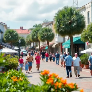 A bustling scene of downtown Beaufort with residents interacting and participating in community activities.