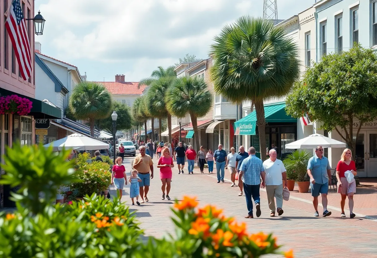 A bustling scene of downtown Beaufort with residents interacting and participating in community activities.