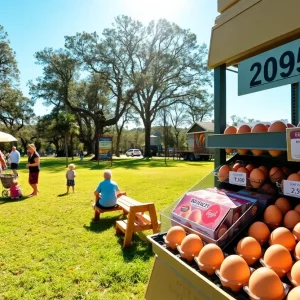 Families enjoying a sunny day at Beaufort County park with a grocery store in the background.