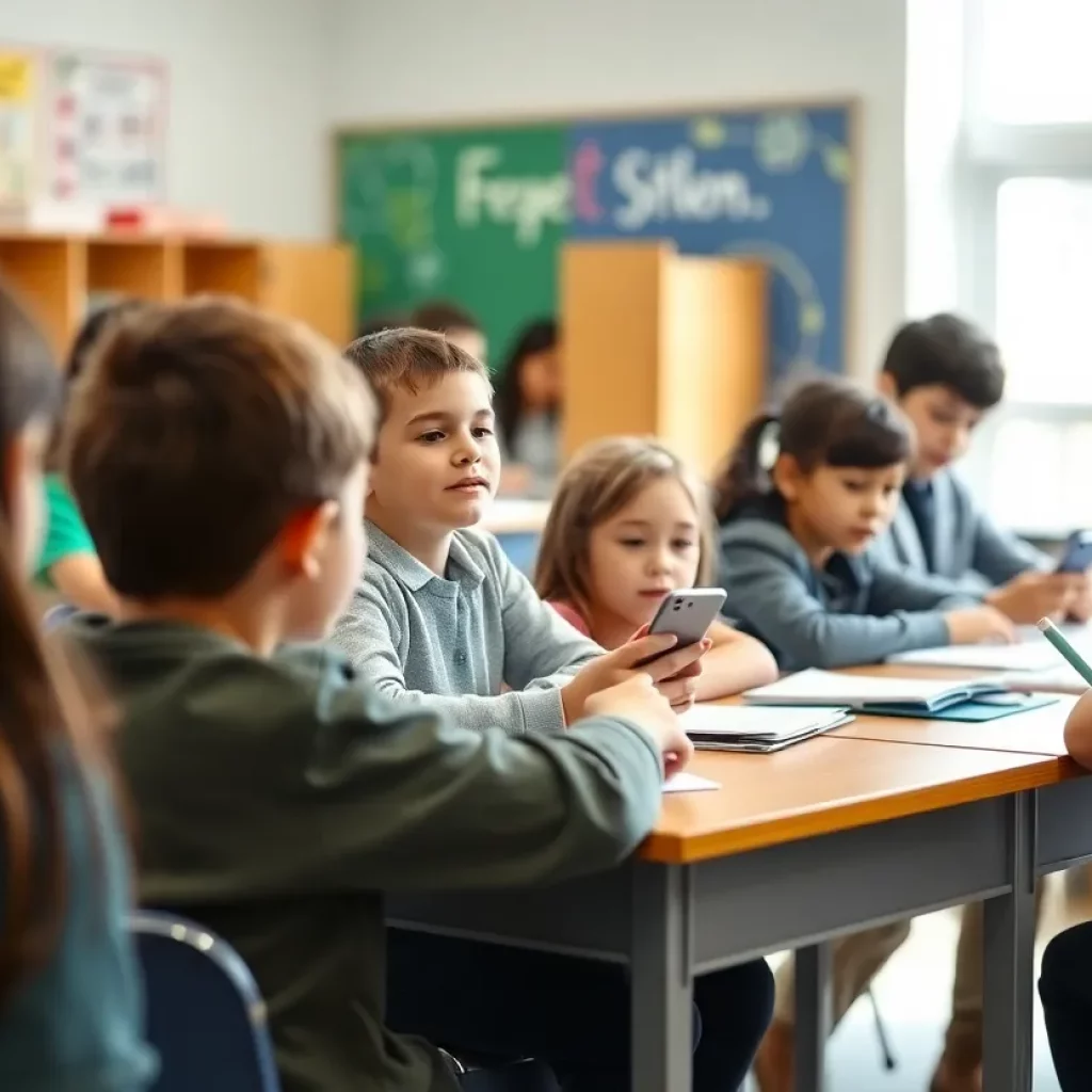 Students engaged in a focused classroom activity without cellphones.