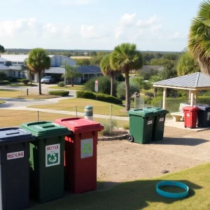 A waste collection bin in Beaufort County with trees in the background.