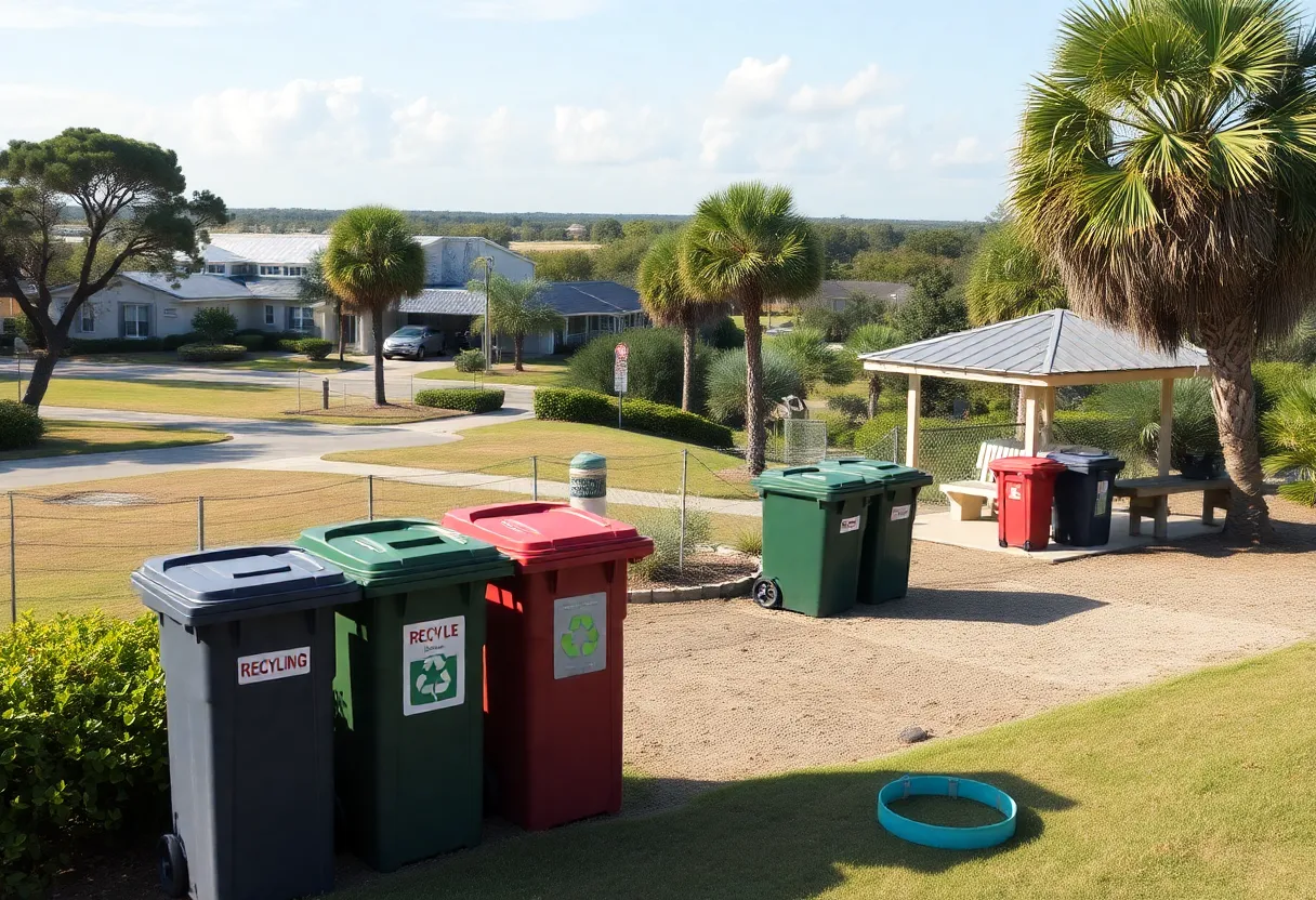 A waste collection bin in Beaufort County with trees in the background.