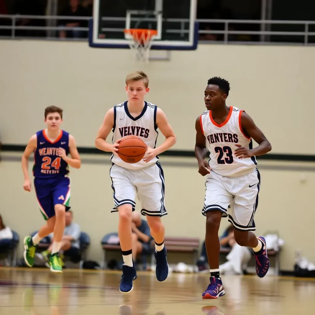 High school basketball players in action during a game.