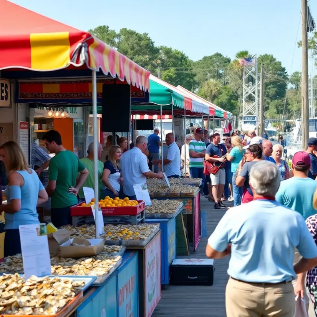 Crowd enjoying the Beaufort Oyster Festival with food and music