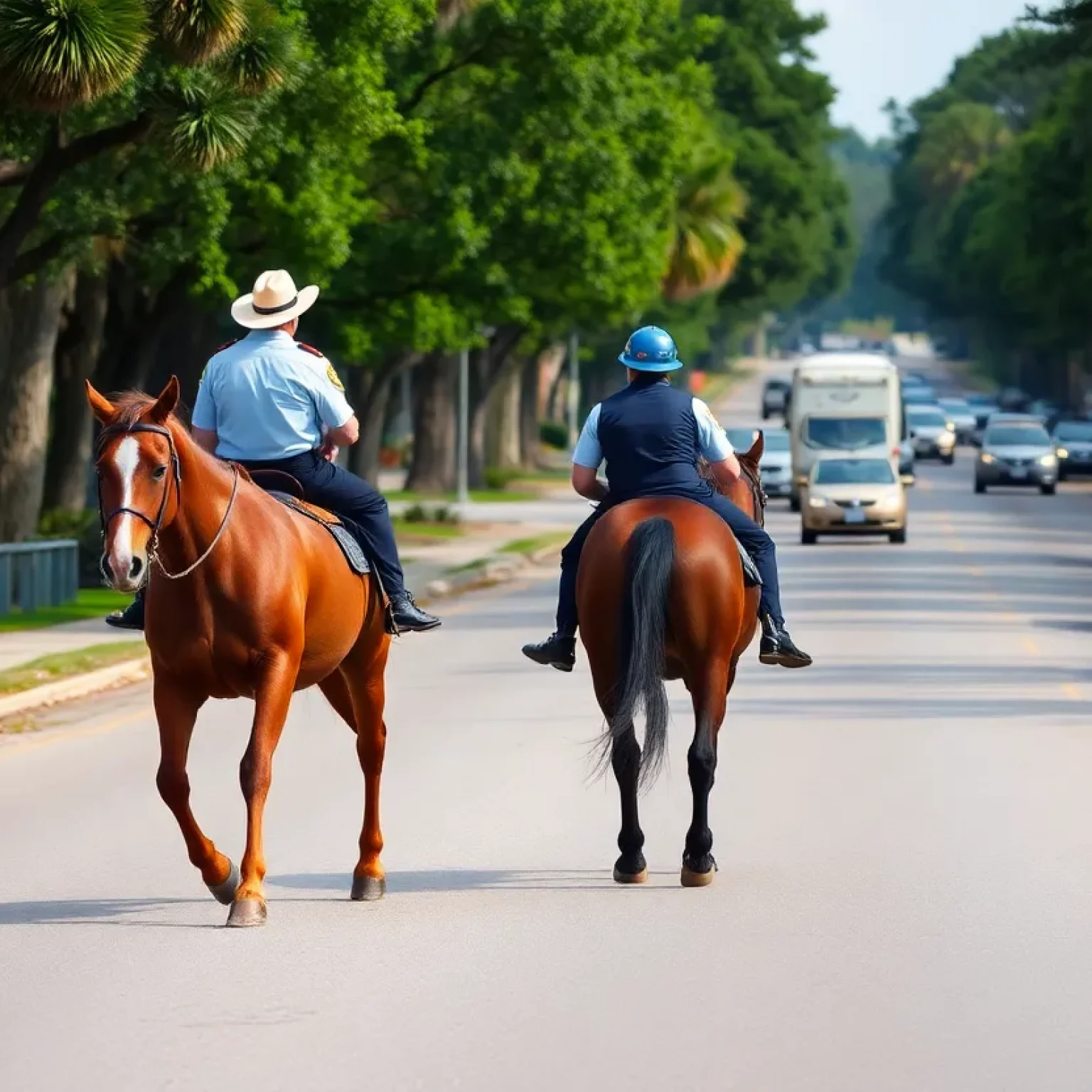 Two horses being guided by police officers in Beaufort SC