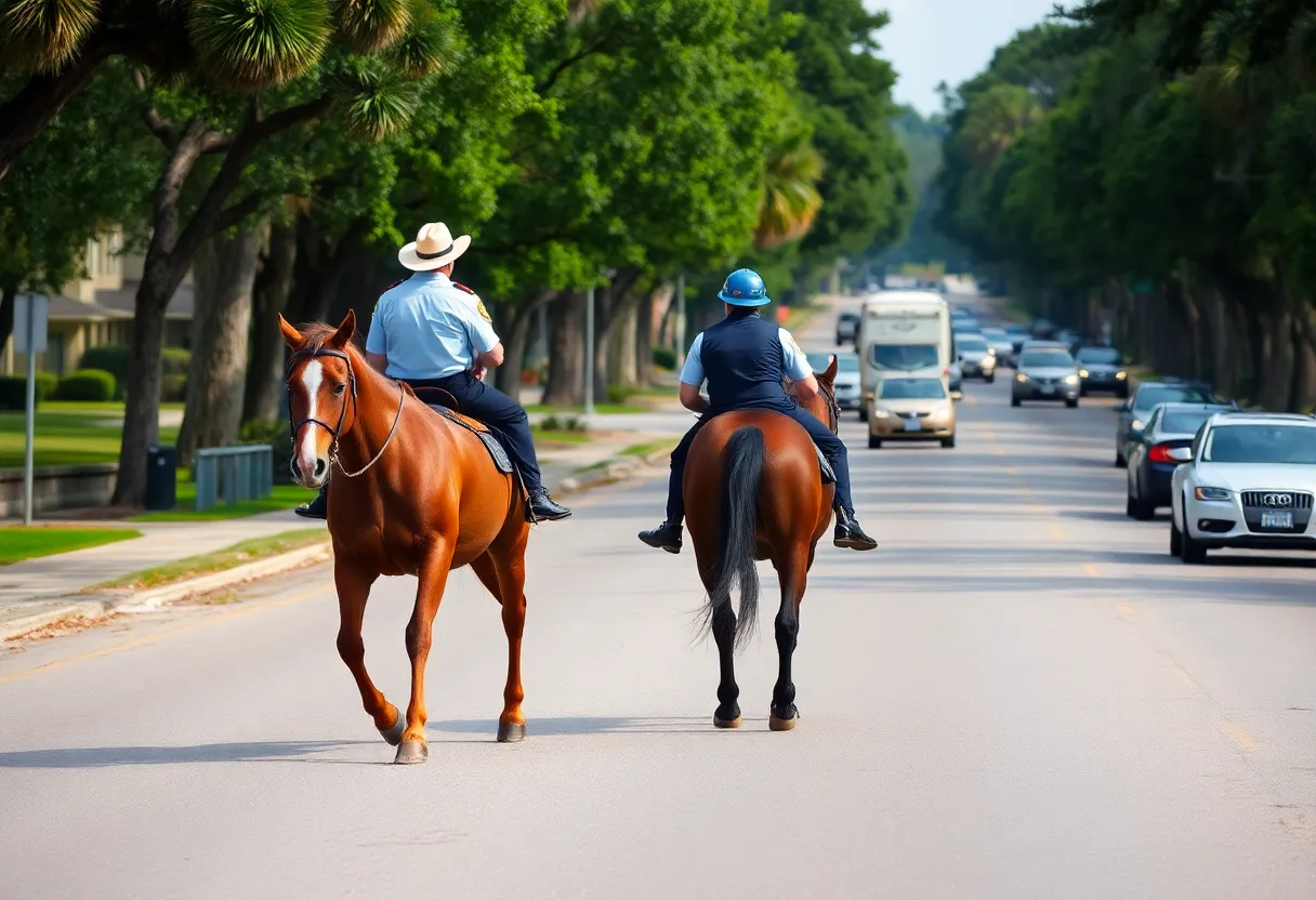 Two horses being guided by police officers in Beaufort SC