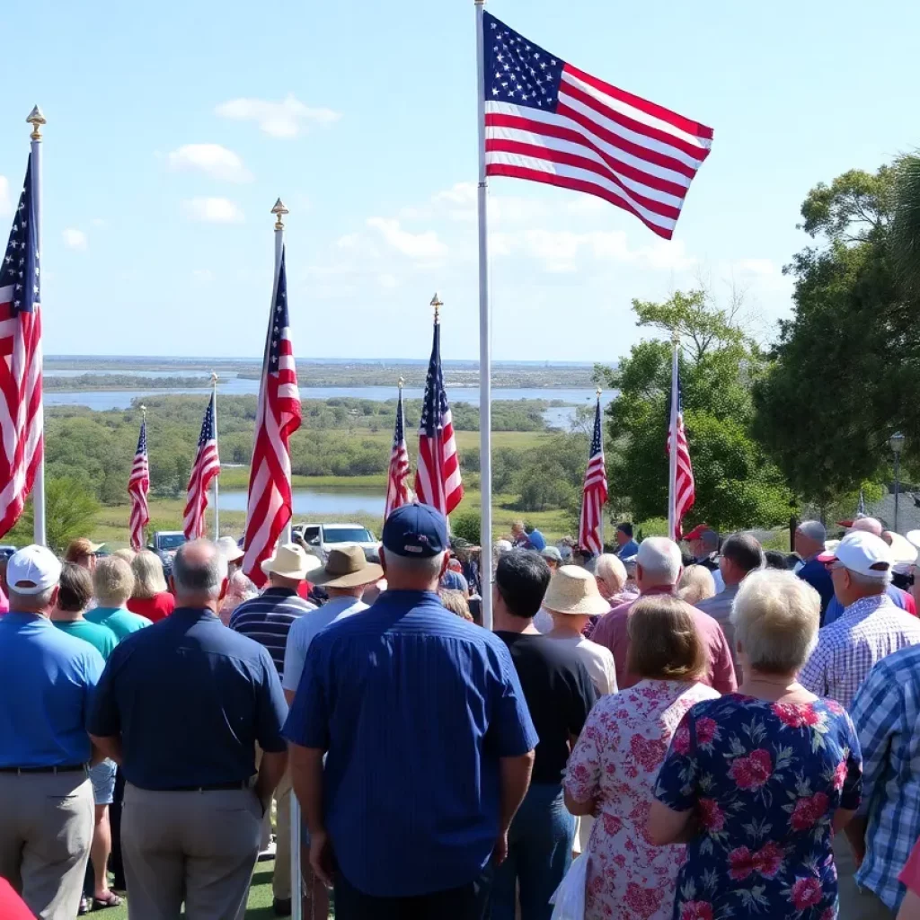 Community members celebrating veterans in Beaufort with flags and smiles.