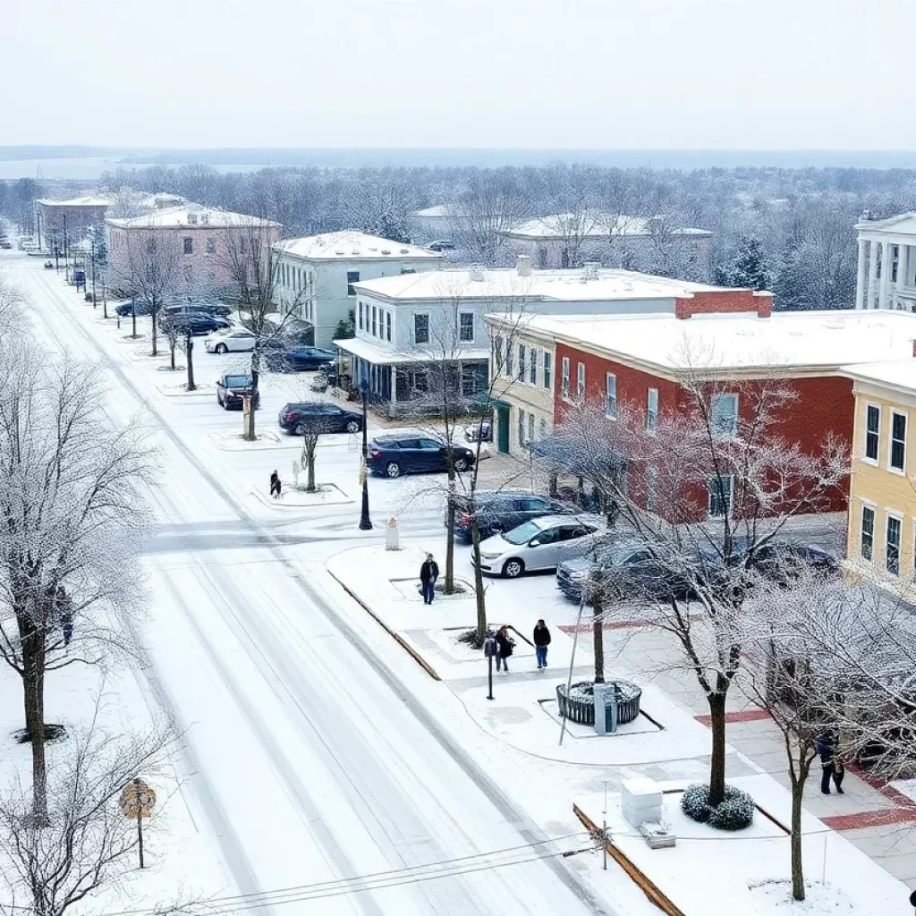 Snowy landscape in Beaufort County with trees and people in winter clothing