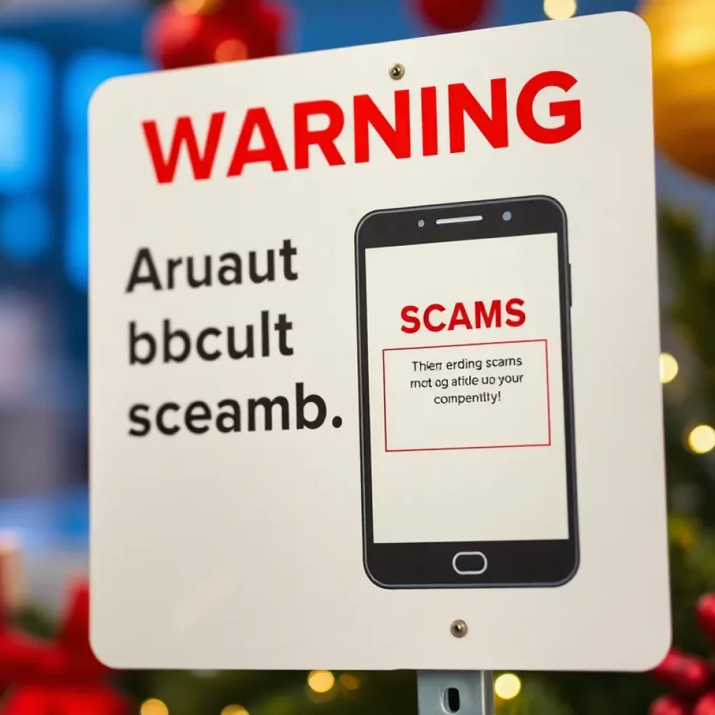 Warning about scams in Beaufort County with festive elements