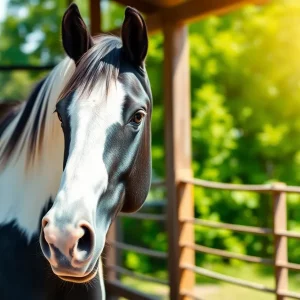 A black-and-white paint horse standing calmly in a stable.