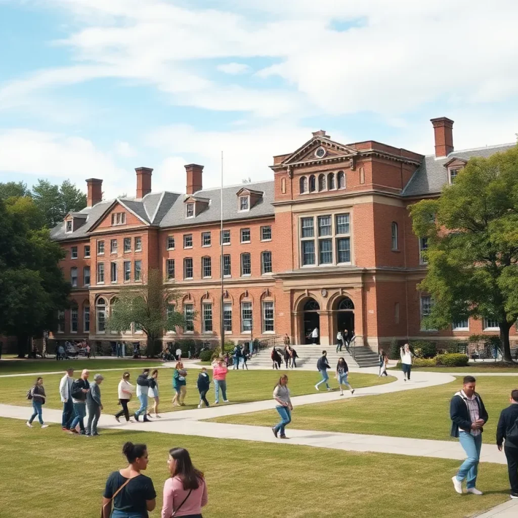 View of Bluffton College campus showing students and buildings