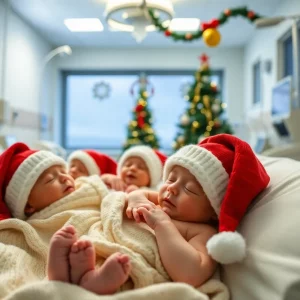 Newborns in holiday hats at Beaufort Memorial Collins Birthing Center