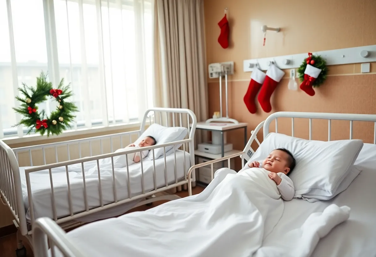 Newborn babies in a festive hospital room during Christmas