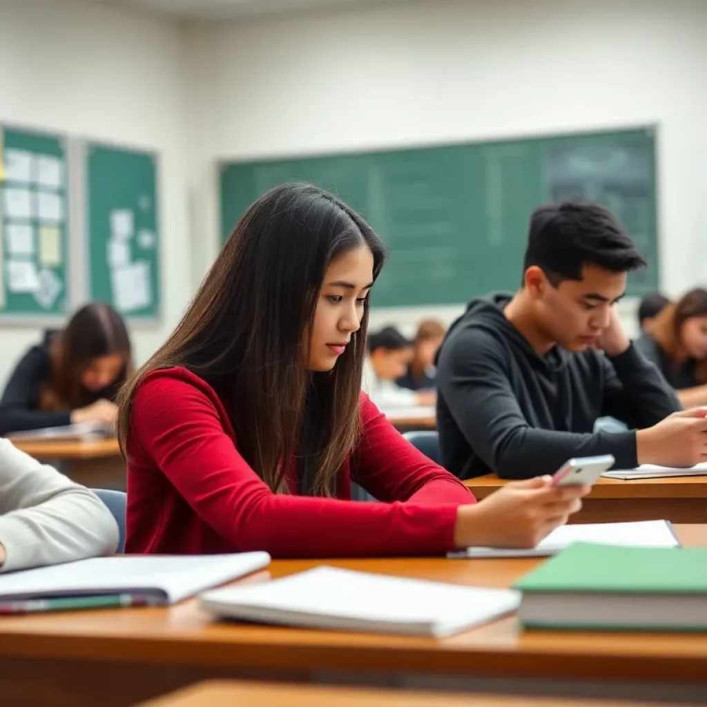 Students learning in a classroom free of cell phone distractions