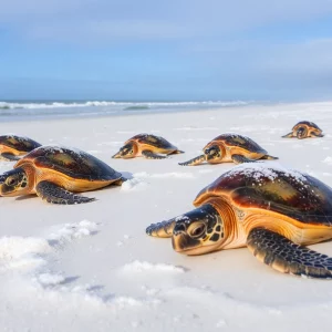 Sea turtles on a snowy beach in Hilton Head Island