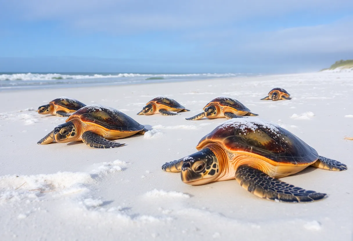 Sea turtles on a snowy beach in Hilton Head Island