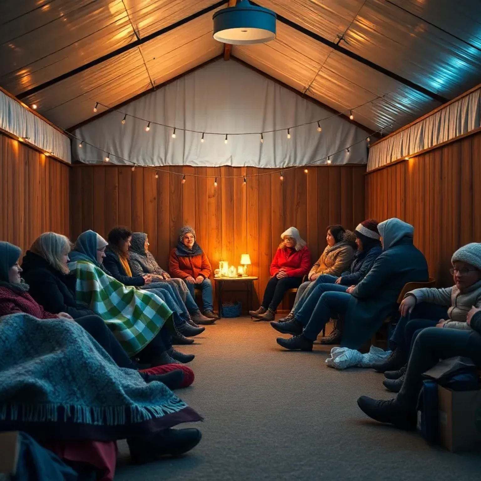 Interior of a cold weather shelter with guests staying warm