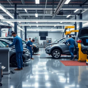 Technicians working in a modern collision repair shop using advanced technology.