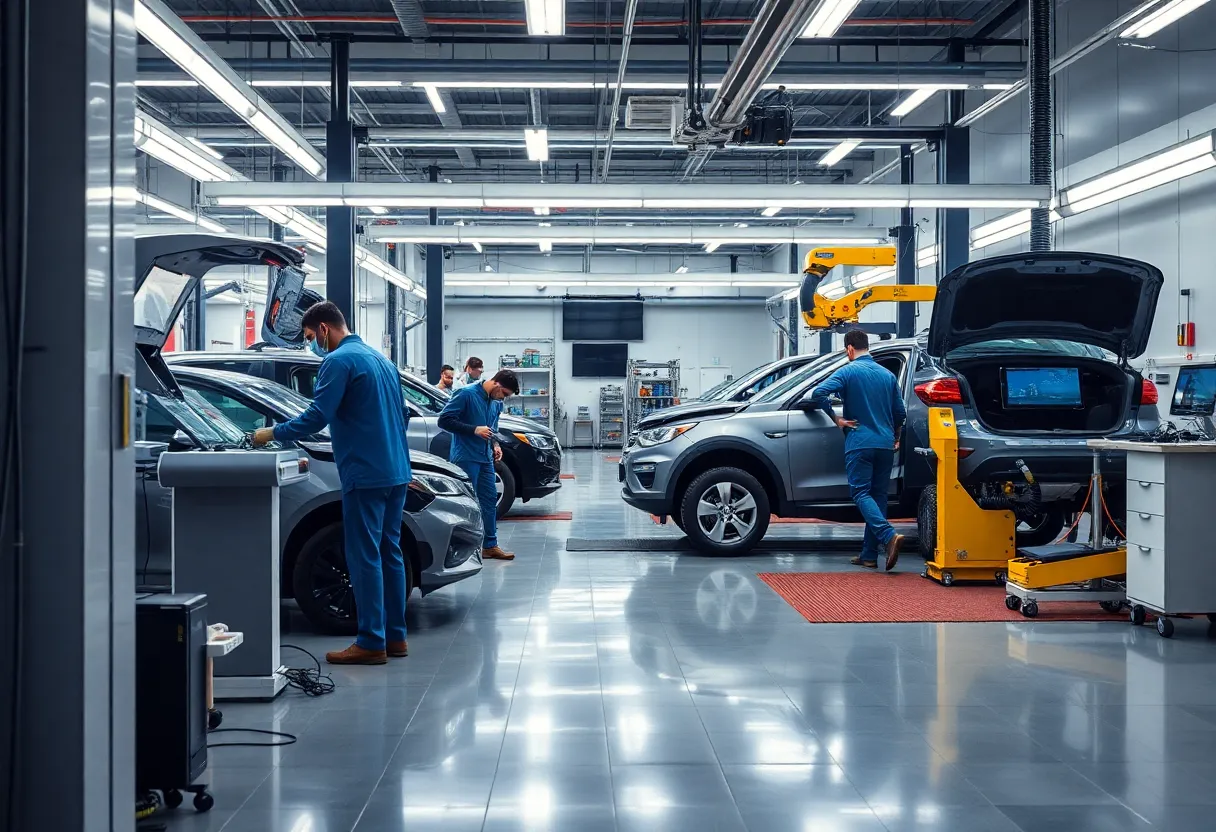 Technicians working in a modern collision repair shop using advanced technology.