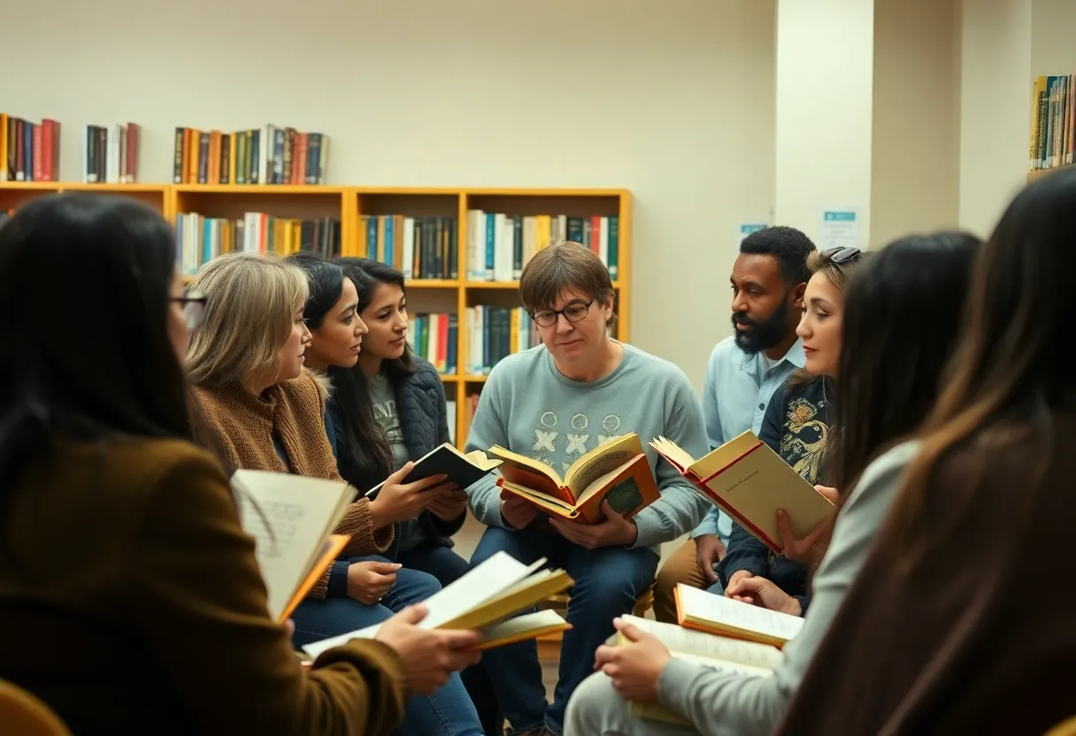 Community members discussing book bans in Beaufort County