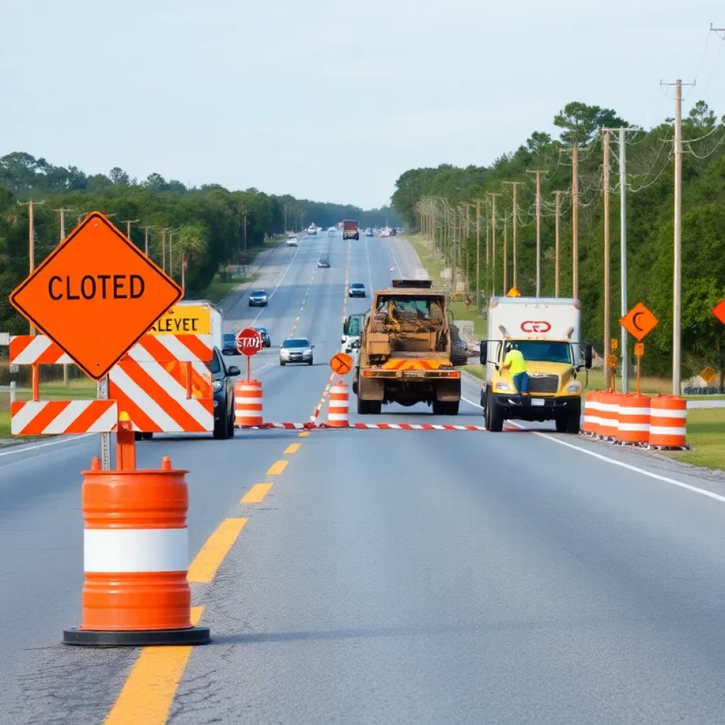 Construction work on Laurel Bay Road in Beaufort County with traffic control signs.