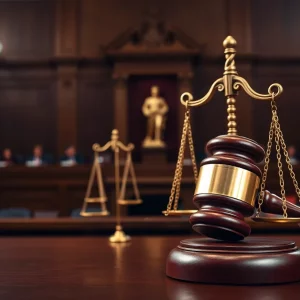 A courtroom scene depicting a gavel and scales of justice.