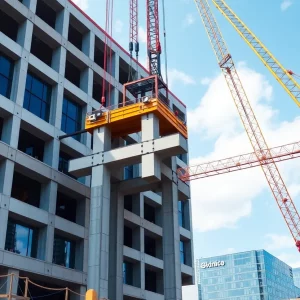 Construction workers installing double-tee shear connections in a commercial building.