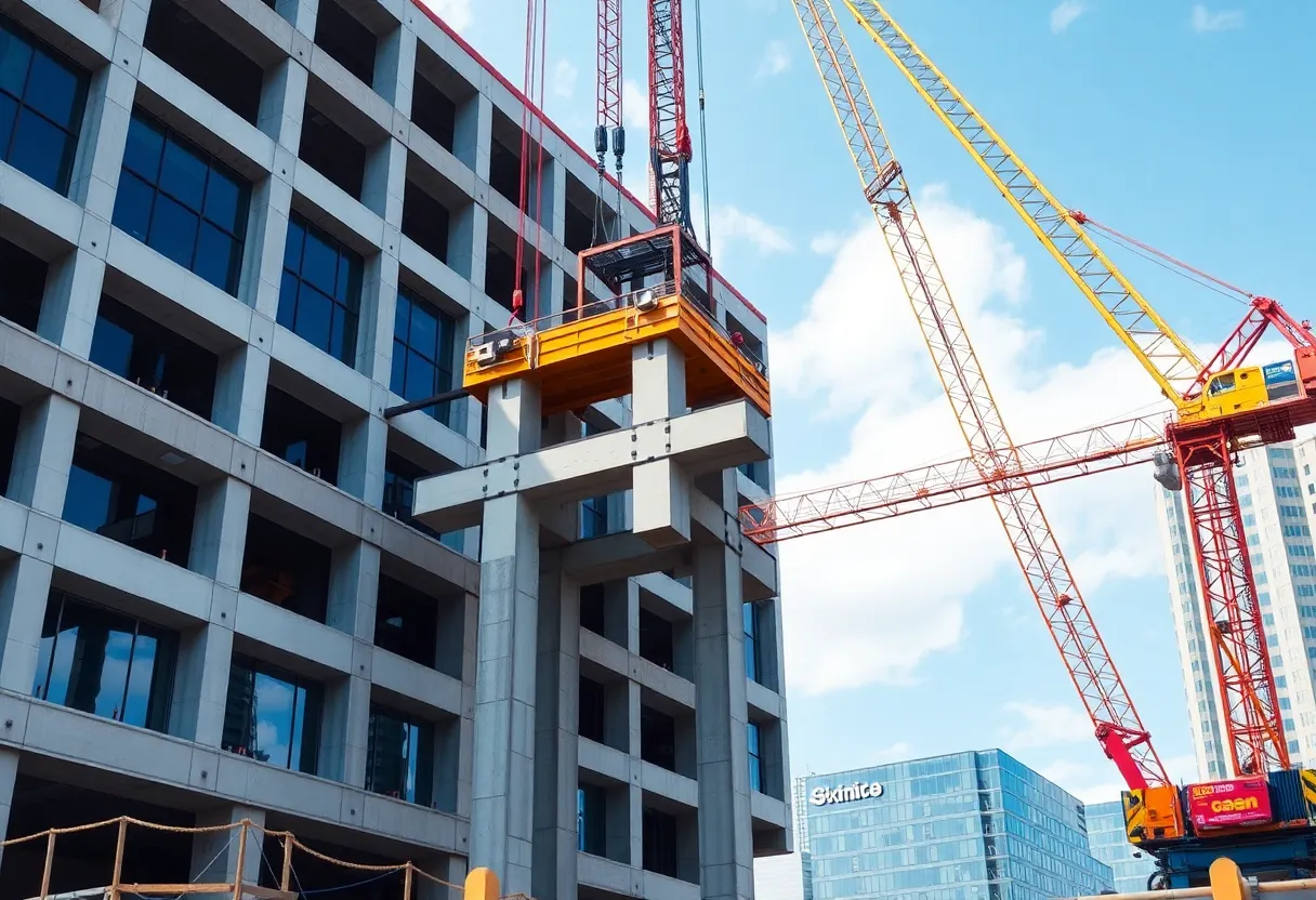 Construction workers installing double-tee shear connections in a commercial building.