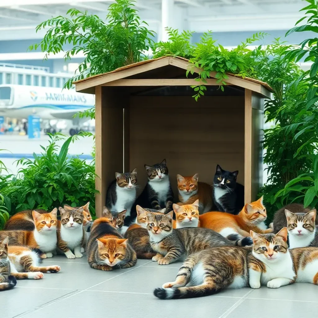 Feral cats resting near a small shelter at Hilton Head Island Airport