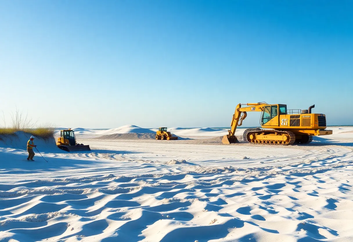 Hilton Head Island beach with construction machinery during renourishment project.