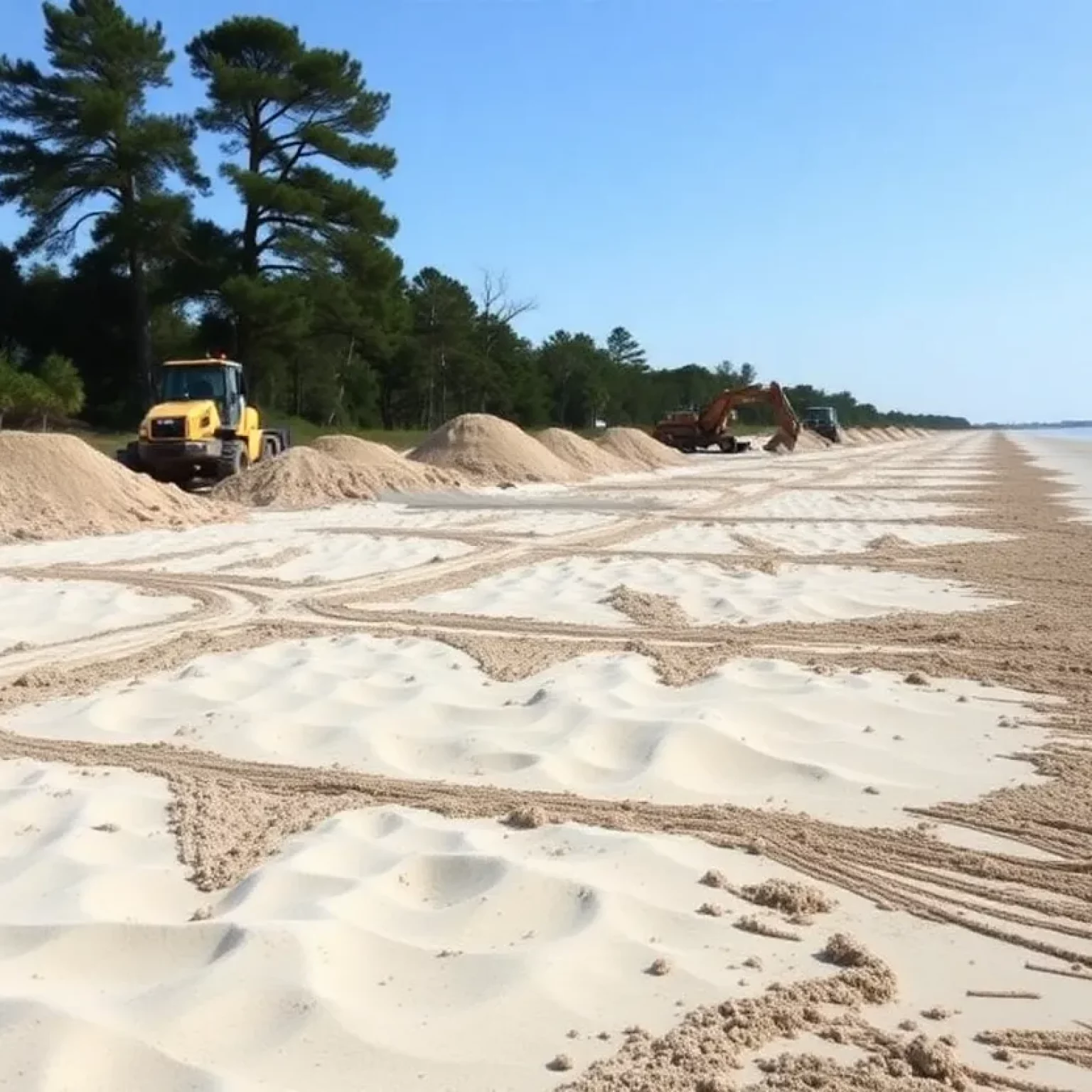 Beach restoration project on Hilton Head Island with equipment and sand.