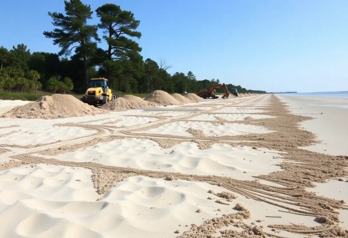 Beach restoration project on Hilton Head Island with equipment and sand.