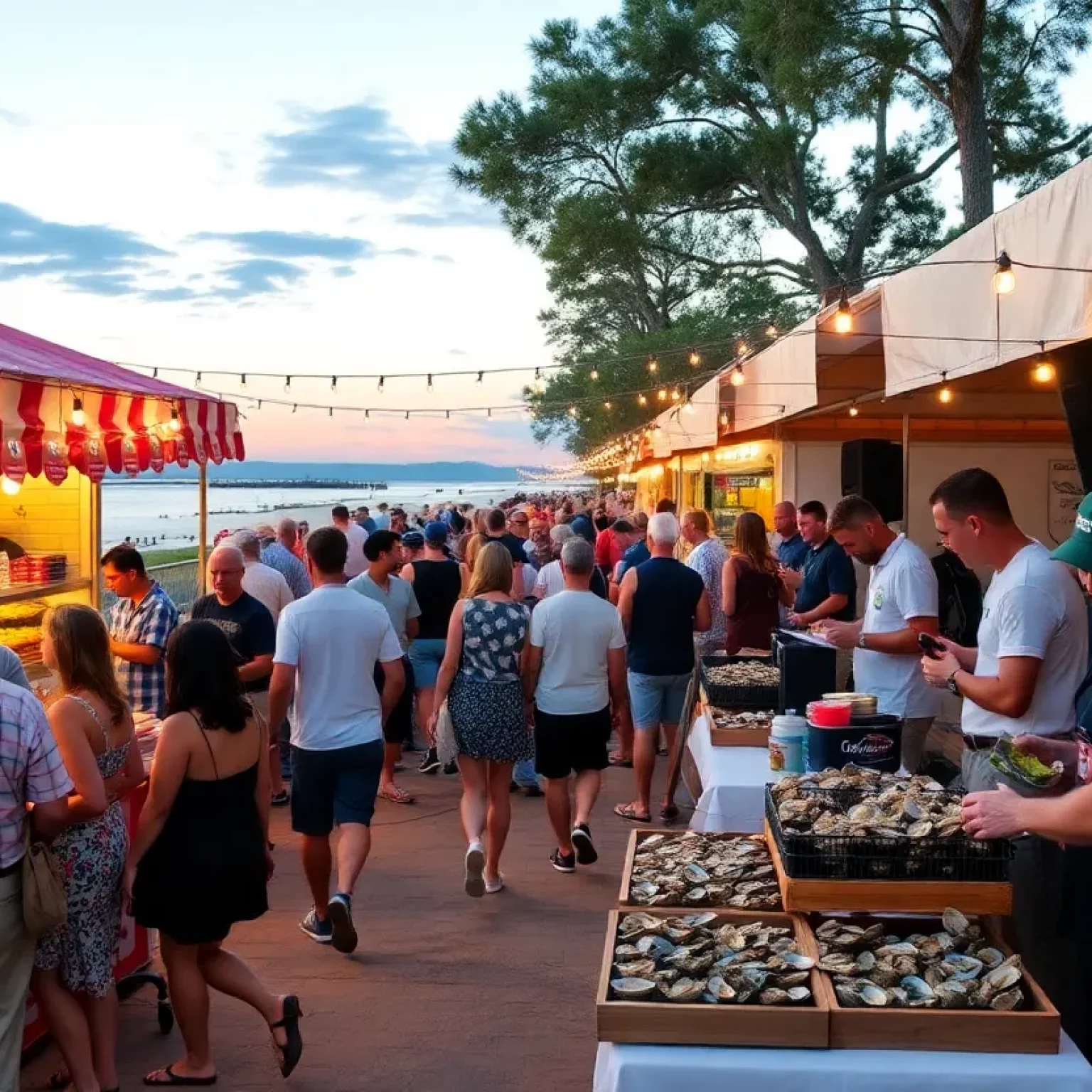 A cheerful crowd enjoying food and music at a festival on Hilton Head Island.