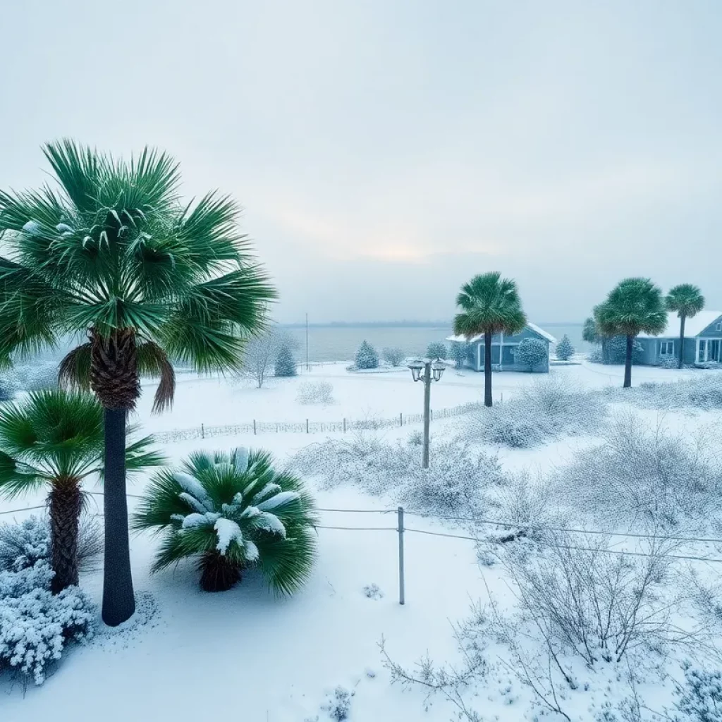 A picturesque snowy landscape of Hilton Head Island during a winter storm.