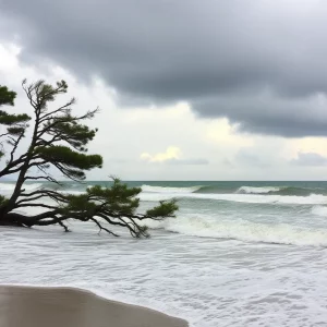 Coastal scene depicting the impact of Hurricane Helene with stormy weather and rough waves.