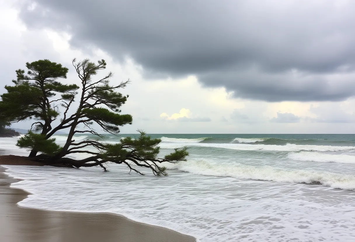 Coastal scene depicting the impact of Hurricane Helene with stormy weather and rough waves.