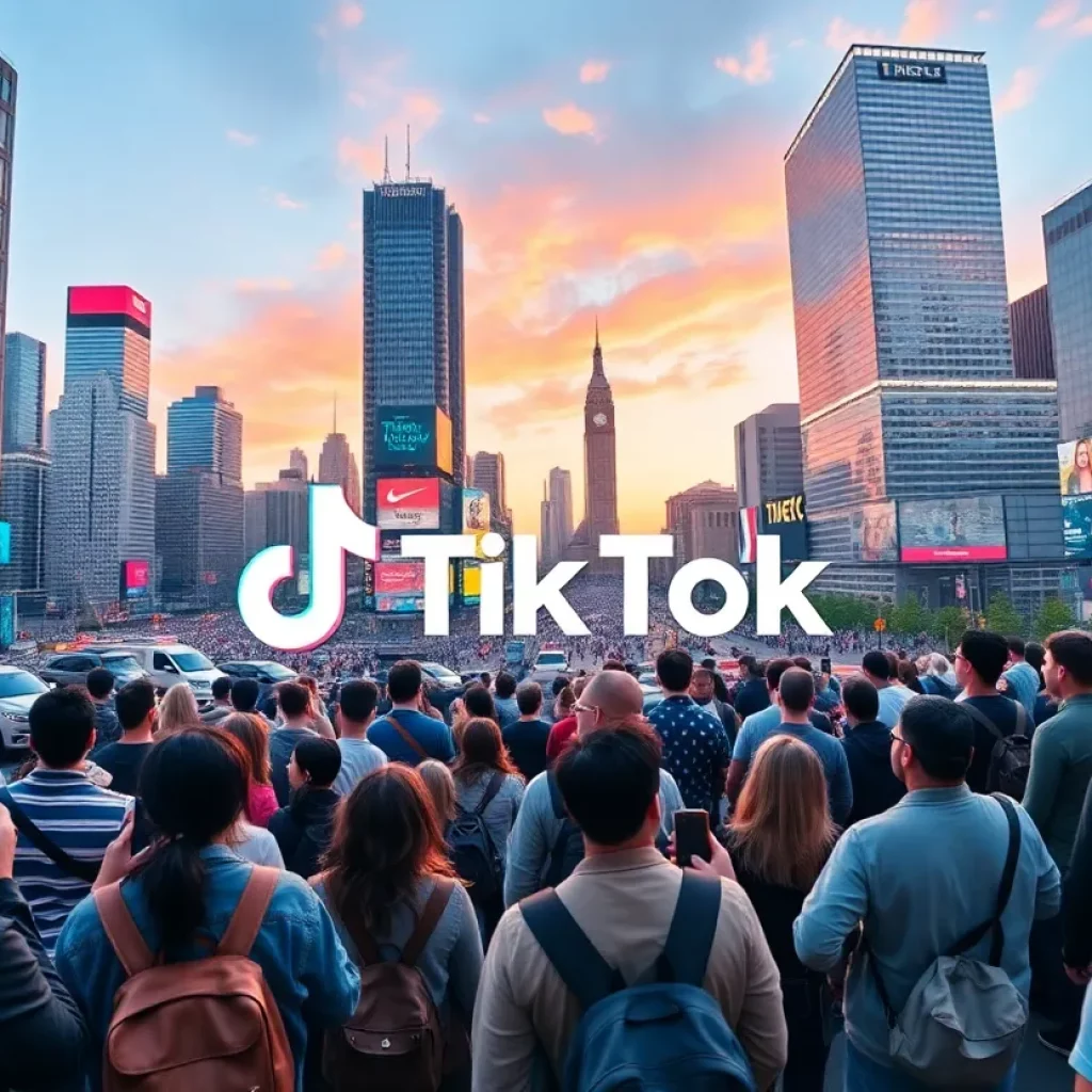 City residents engaging with social media on smartphones with TikTok logo visible.