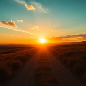 A landscape representing hope and justice, with a sunrise illuminating a path.