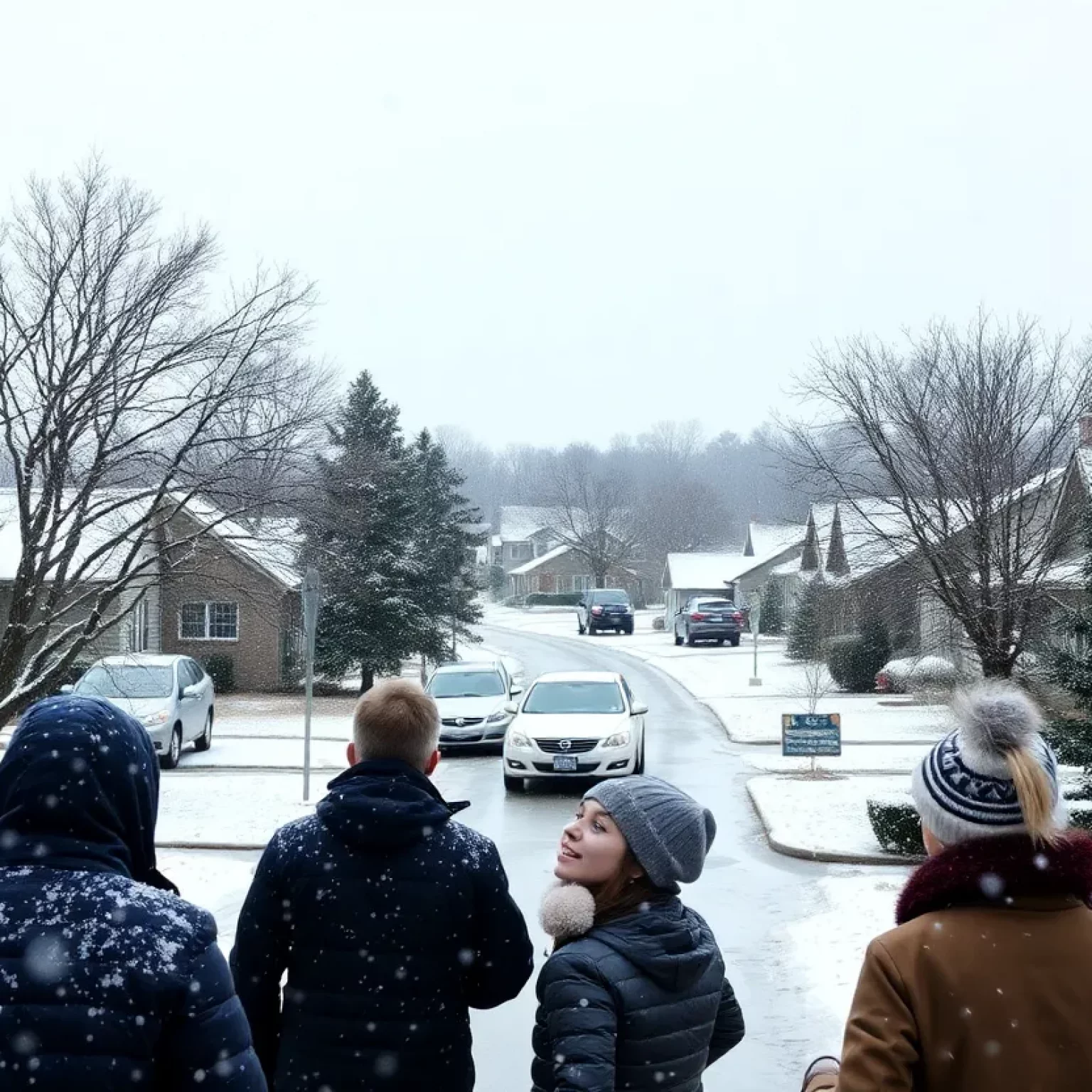 Residents of Lowcountry bundled up in winter clothing amidst snowfall.