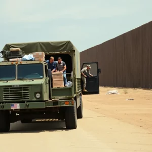 Soldiers unloading supplies at U.S.-Mexico border