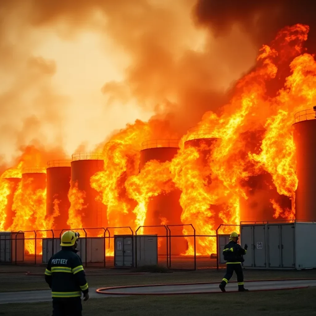 Emergency responders battling a fire at a battery storage facility